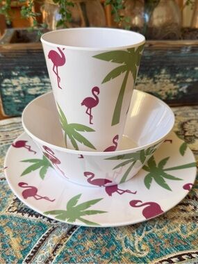 Temp-Tations Flamingo Palm Tree Melamine Place Setting Plate Bowl Cup